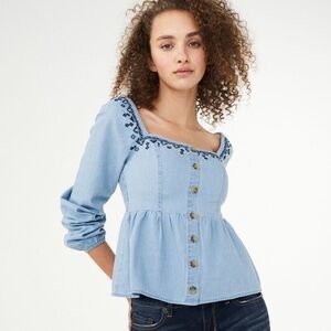 Aeropostale Blue embroidered flowy top